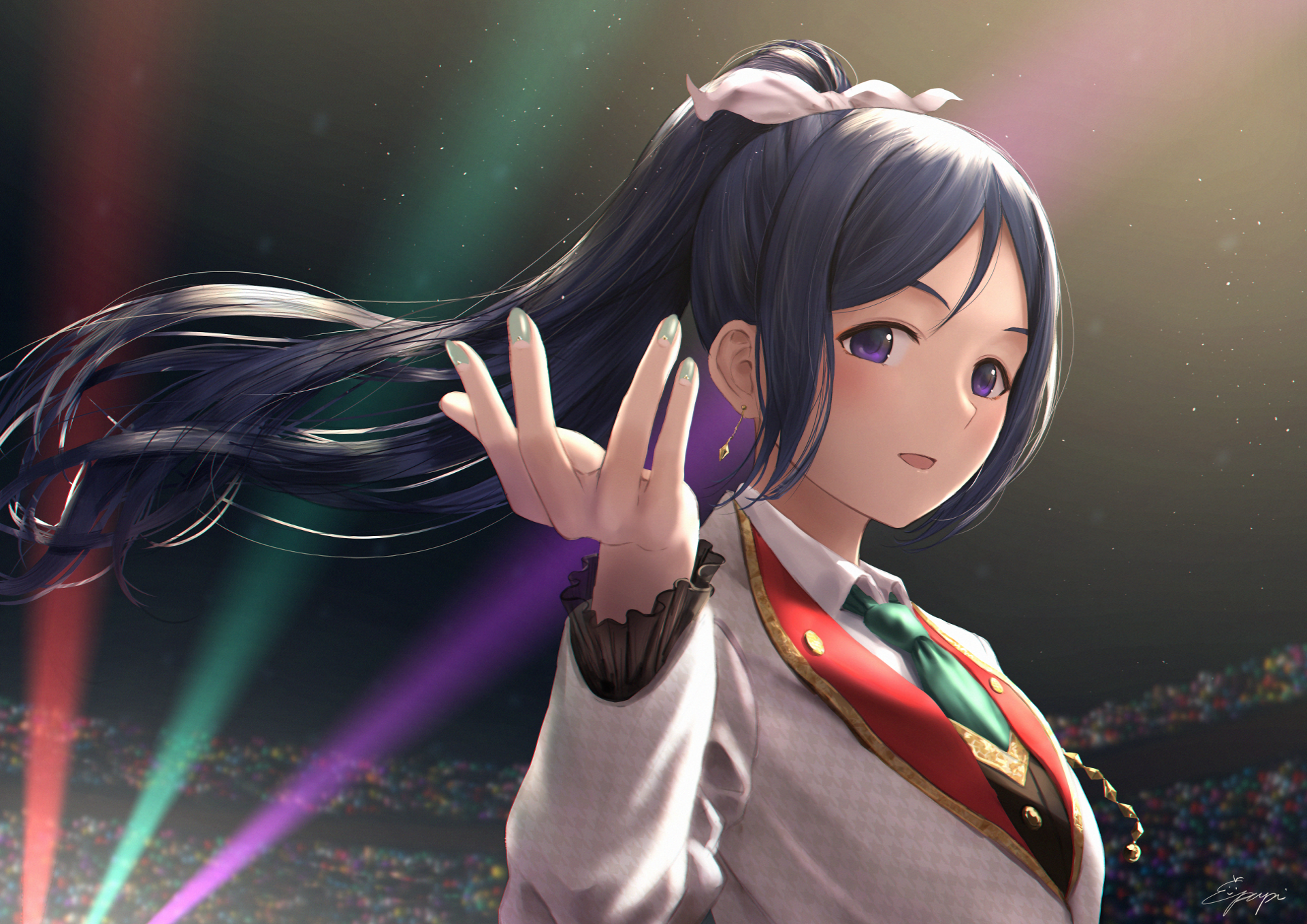 HD anime desktop wallpaper featuring Kanan Matsuura from Love Live! Sunshine!! reaching out with a calm expression and vibrant lighting effects.