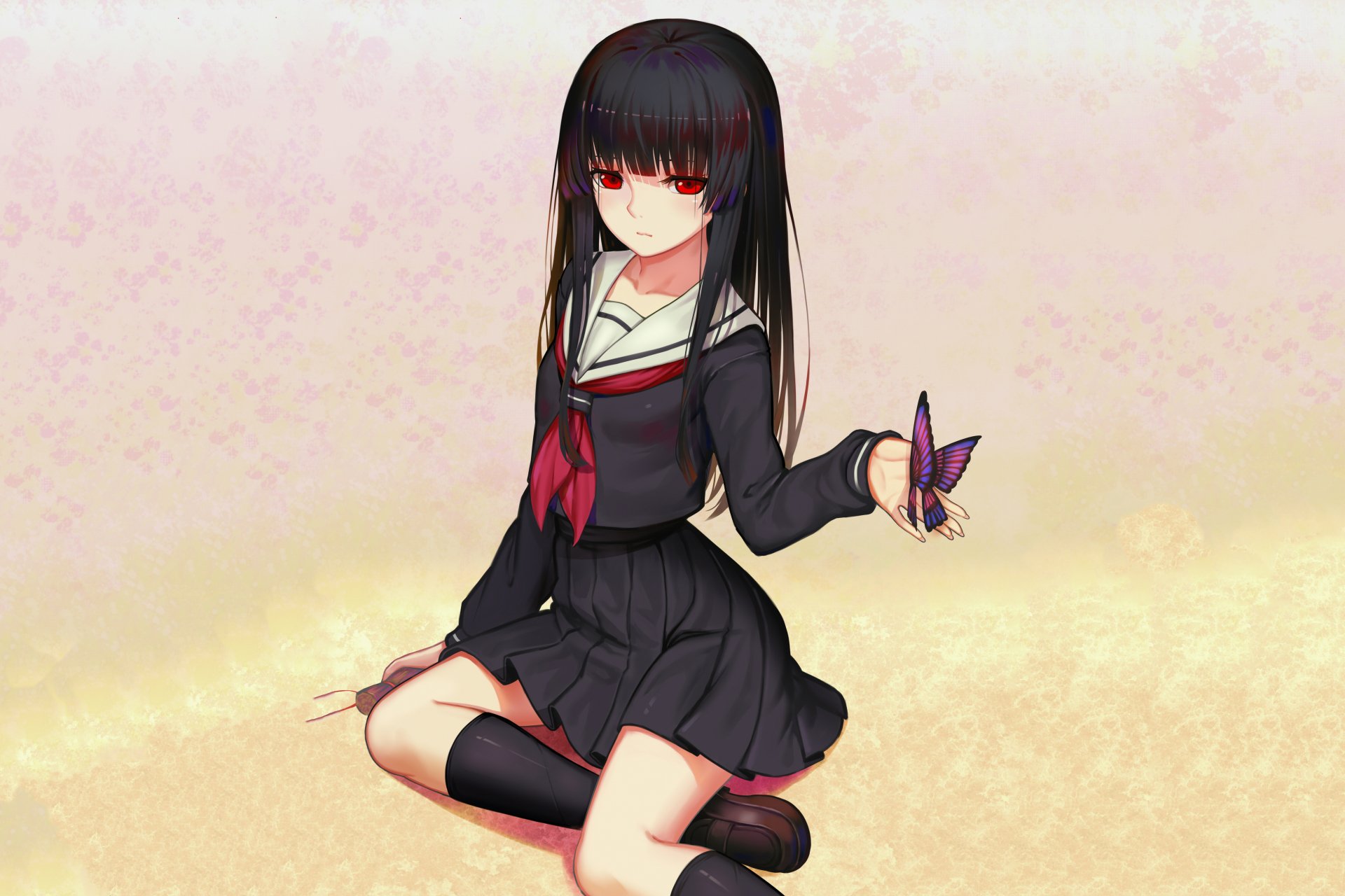 Ai Enma from Jigoku Shōjo with black hair and red eyes, wearing a school uniform and skirt, holding a butterfly in this 4K Ultra HD anime desktop wallpaper.