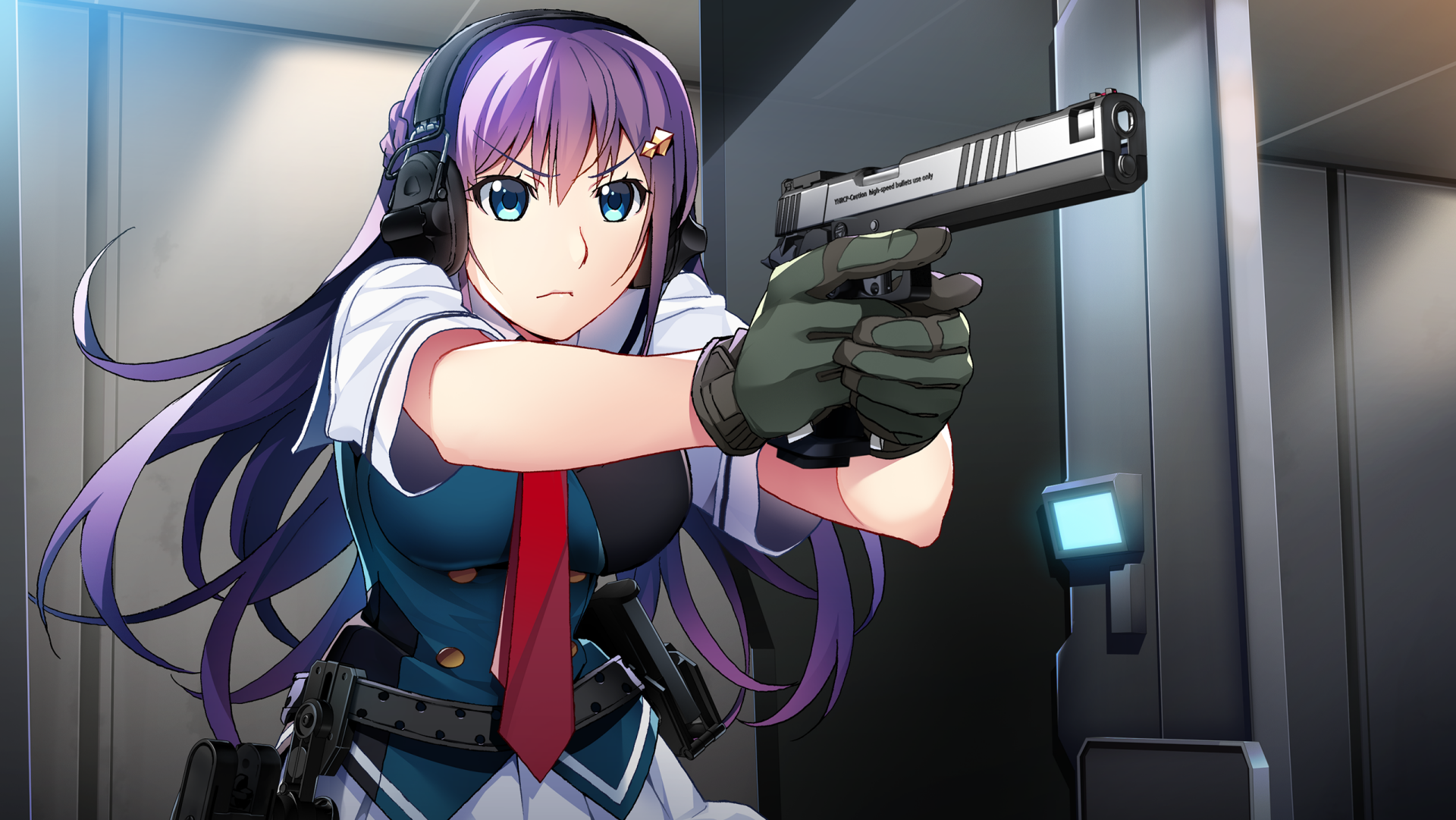 HD anime desktop wallpaper featuring a focused female character from Grisaia: Phantom Trigger aiming a handgun in a sleek, modern setting.