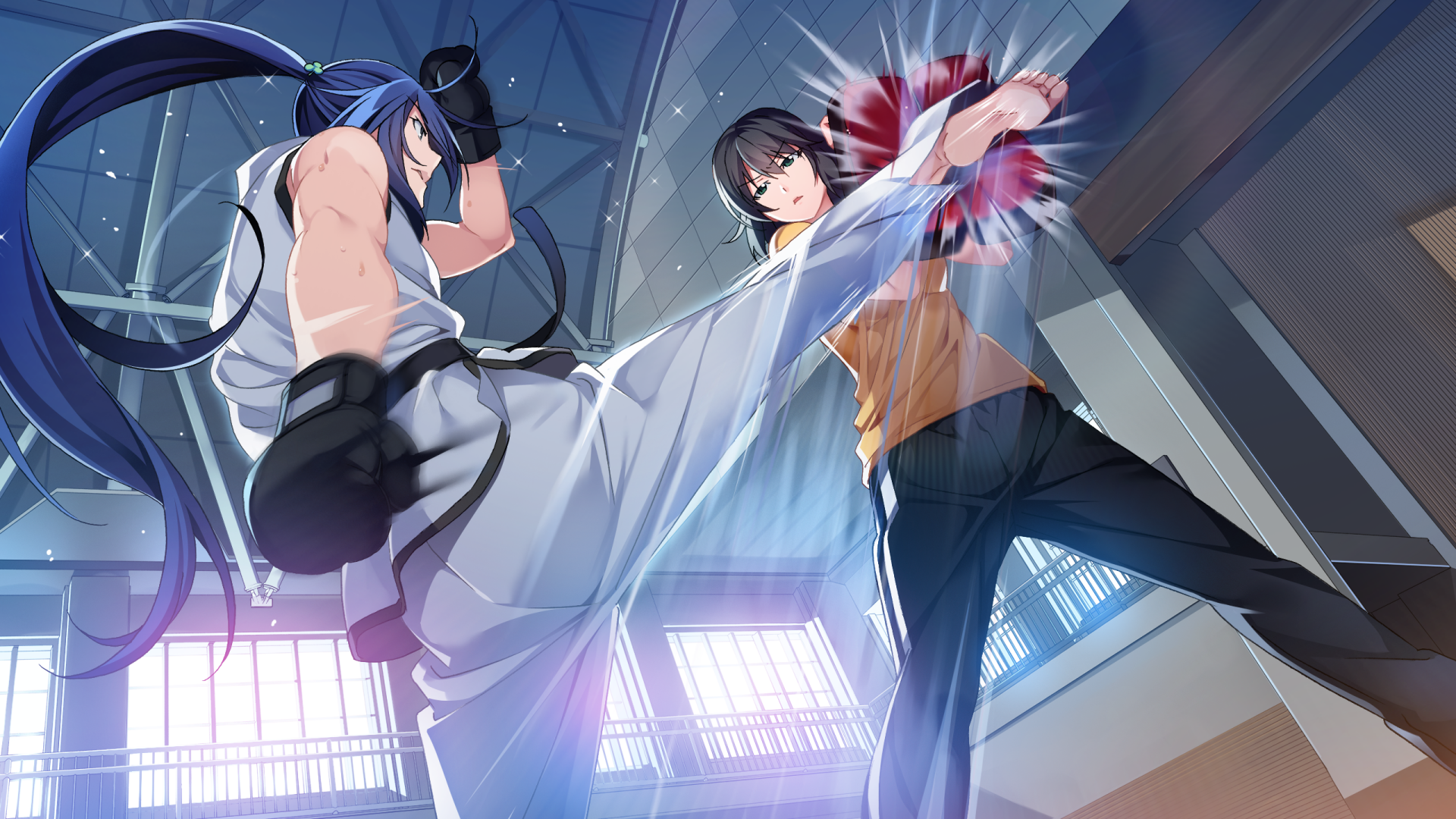 HD PC desktop wallpaper featuring an intense fight scene from the anime Grisaia: Phantom Trigger, showcasing dynamic action and vibrant colors.