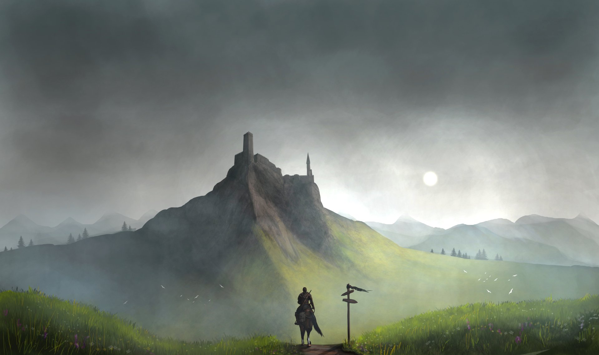 4K Ultra HD Fantasy Warrior and Castle Landscape with Horse in Misty ...