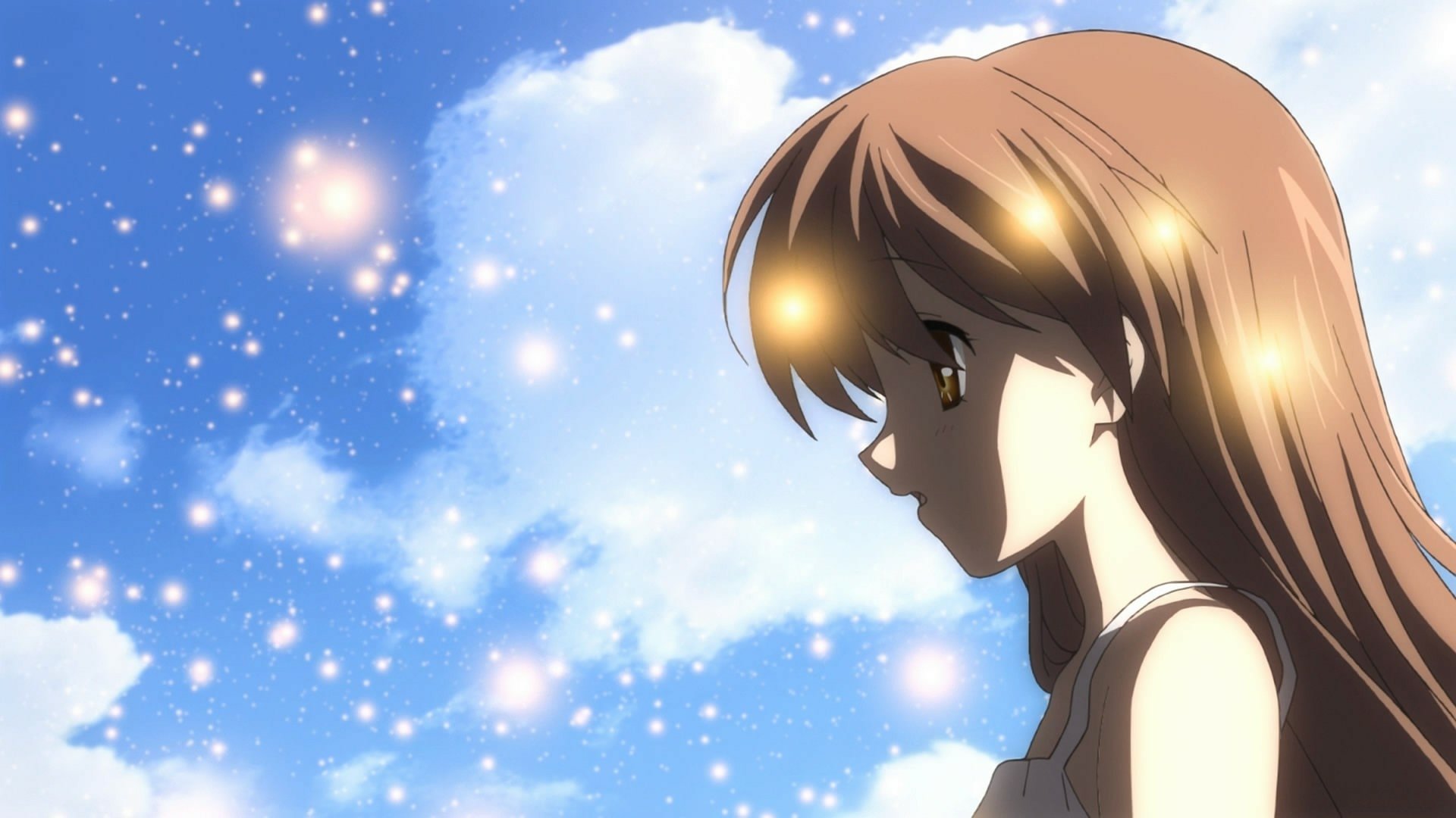 Clannad anime HD PC desktop wallpaper: side profile of Nagisa against a radiant blue sky with soft clouds and warm, glowing sparkles.