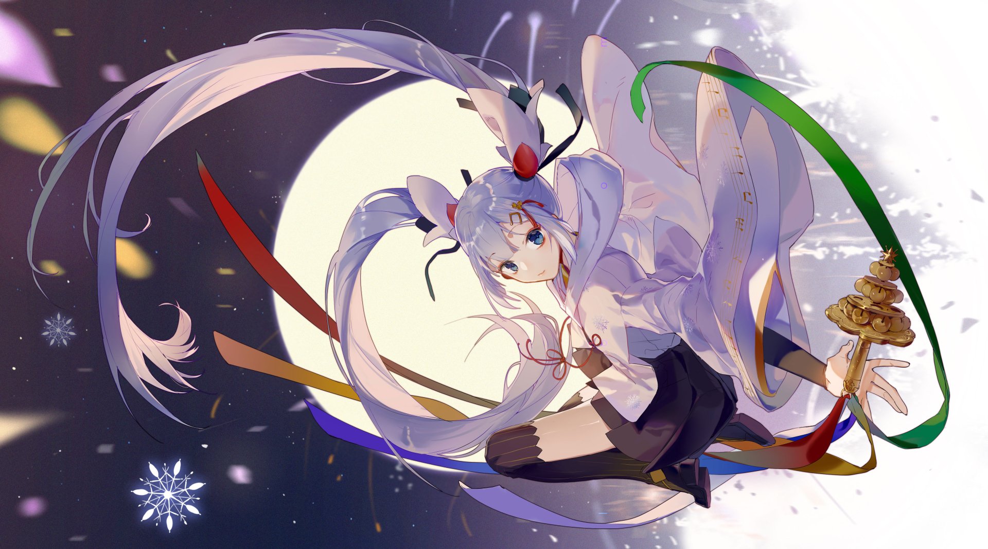 4K Ultra HD anime wallpaper featuring Hatsune Miku from Vocaloid, posed dynamically with flowing ribbons and a large moon in the background.