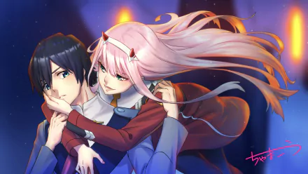 In this HD wallpaper featuring Darling in the FranXX anime, characters Hiro and Zero Two embrace. Zero Two, with pink hair and horns, wraps her arms around Hiro, who has blue eyes and dark hair.