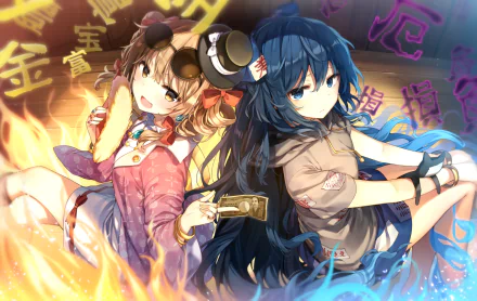 HD anime desktop wallpaper featuring Shion Yorigami and Joon Yorigami from Touhou, depicted with vibrant flames and mystical symbols in the background.