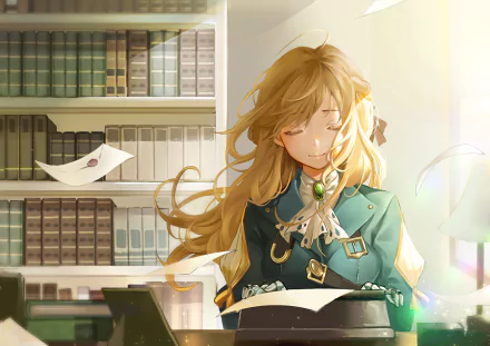 Anime character Violet Evergarden smiles in a sunlit room, wearing a uniform with her long blonde hair flowing. She types on a typewriter with letters flying around. Shelves of books are in the background.