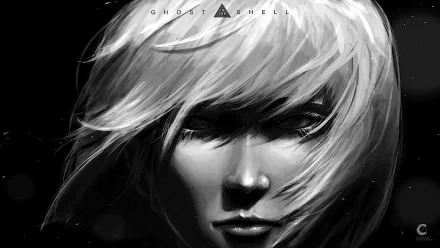 Black and white HD desktop wallpaper of an anime character from Ghost in the Shell, featuring a close-up of a solemn face with hair covering one eye. Ghost in the Shell text at the top with a triangular symbol.