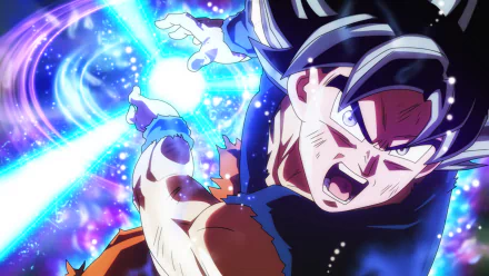 HD desktop wallpaper featuring Goku from Dragon Ball Super, dynamically posed as he unleashes a powerful energy attack amid vibrant, cosmic backgrounds.