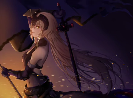 Anime depiction of Jeanne d'Arc from the Fate Series, showcasing her fierce expression and dynamic pose, set against a dramatic background. High-definition PC desktop wallpaper.