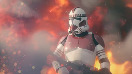 4K Ultra HD desktop wallpaper featuring a Star Wars shock trooper clone trooper in armor against a fiery, smoky sci-fi battle backdrop.
