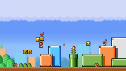 HD PC desktop wallpaper featuring a colorful Super Mario Bros. 3 scene with Mario, question blocks, and classic platform elements from the video game.