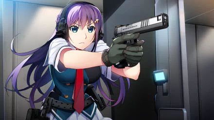 HD anime desktop wallpaper featuring a focused female character from Grisaia: Phantom Trigger aiming a handgun in a sleek, modern setting.