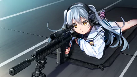 HD PC desktop wallpaper featuring a character from Anime Grisaia: Phantom Trigger aiming a sniper rifle with focused expression in a dynamic pose.