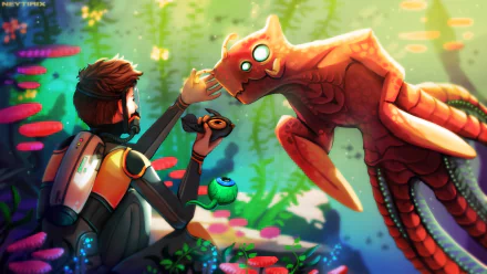 A high-definition Subnautica wallpaper featuring an underwater scene with a diver interacting with a glowing creature amidst vibrant, colorful marine life.