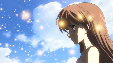 Clannad anime HD PC desktop wallpaper: side profile of Nagisa against a radiant blue sky with soft clouds and warm, glowing sparkles.