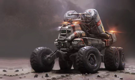 Futuristic sci-fi vehicle with heavy-duty wheels and a mounted cylindrical device, set against a misty, rocky landscape in HD PC desktop wallpaper style.