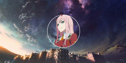 HD desktop wallpaper featuring Zero Two from the anime Darling in the FranXX, with a cityscape foreground and a starry night sky background.