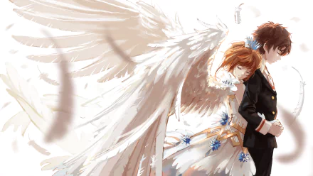 Anime wallpaper featuring Syaoran Li and Sakura Kinomoto from Cardcaptor Sakura. Sakura, in a dress with a crown and wings, leans on Syaoran. Both are smiling, with feathers floating around them.
