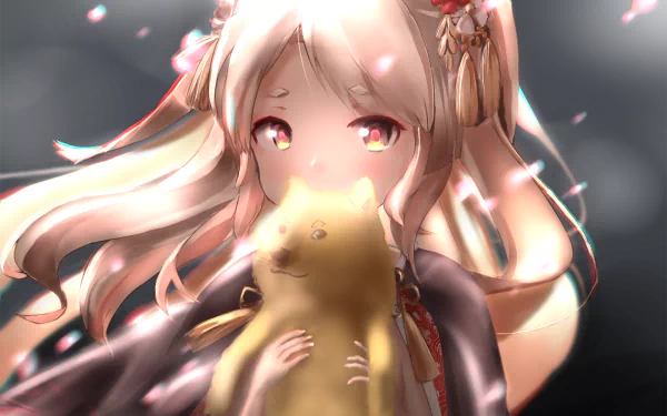 Yuudachi from Azur Lane holds a yellow cat, surrounded by soft, glowing elements, creating a whimsical atmosphere in this HD anime wallpaper.
