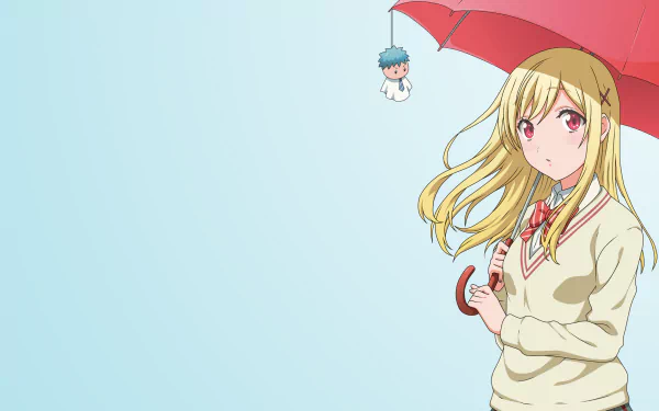 Urara Shiraishi from the anime Yamada-kun and the Seven Witches holds a red umbrella with a small blue-haired figure hanging from it, set against a light blue background.