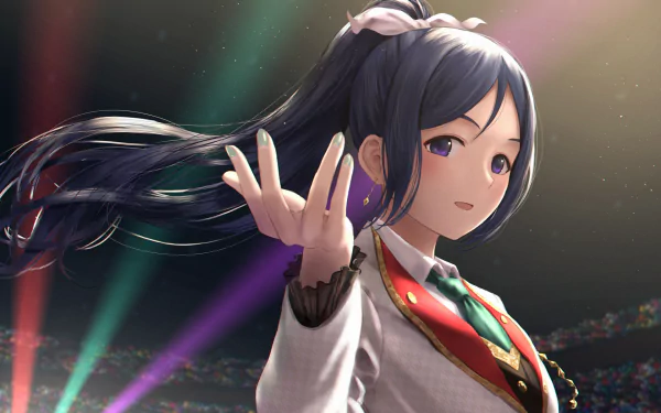 HD anime desktop wallpaper featuring Kanan Matsuura from Love Live! Sunshine!! reaching out with a calm expression and vibrant lighting effects.
