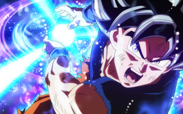 HD desktop wallpaper featuring Goku from Dragon Ball Super, dynamically posed as he unleashes a powerful energy attack amid vibrant, cosmic backgrounds.