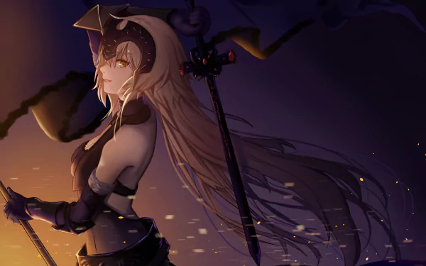 Anime depiction of Jeanne d'Arc from the Fate Series, showcasing her fierce expression and dynamic pose, set against a dramatic background. High-definition PC desktop wallpaper.