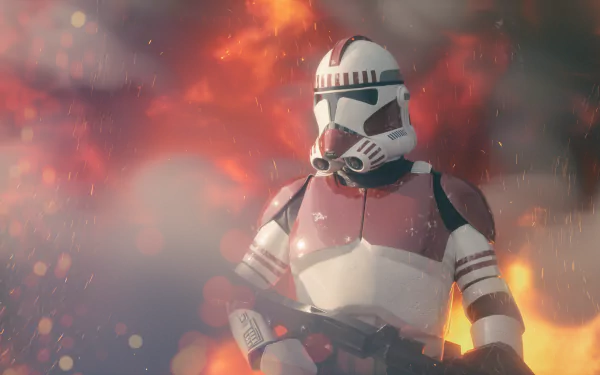 4K Ultra HD desktop wallpaper featuring a Star Wars shock trooper clone trooper in armor against a fiery, smoky sci-fi battle backdrop.