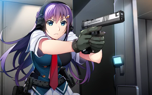 HD anime desktop wallpaper featuring a focused female character from Grisaia: Phantom Trigger aiming a handgun in a sleek, modern setting.