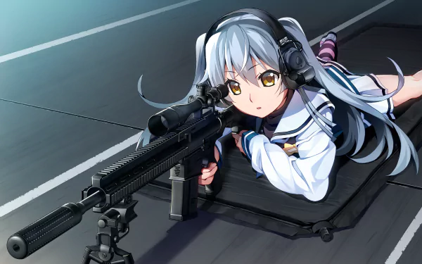 HD PC desktop wallpaper featuring a character from Anime Grisaia: Phantom Trigger aiming a sniper rifle with focused expression in a dynamic pose.