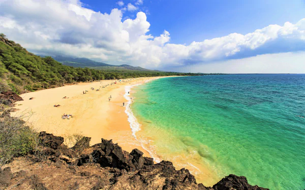 A 4K Ultra HD image of a turquoise ocean meeting a sandy beach on Maui, Hawaii, showcasing tropical earth and vibrant sea under a bright, partly cloudy sky.