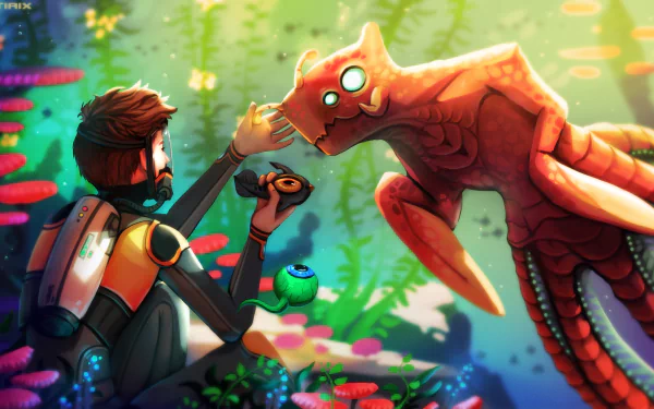A high-definition Subnautica wallpaper featuring an underwater scene with a diver interacting with a glowing creature amidst vibrant, colorful marine life.