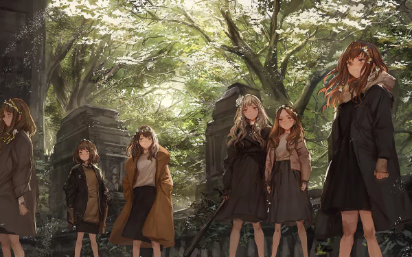 plant coat smile yellow eyes brown eyes baseball bat tree flower headdress brown hair short hair long hair Anime Original HD Desktop Wallpaper | Background Image