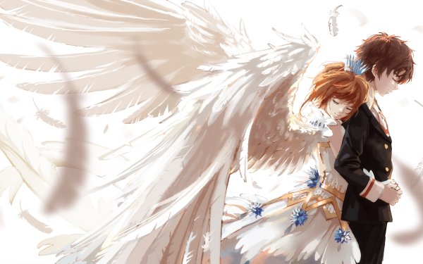Anime Cardcaptor Sakura Feather Wings Short Hair Brown Hair Dress Crown Smile Sakura Kinomoto Syaoran Li HD Wallpaper | Background Image