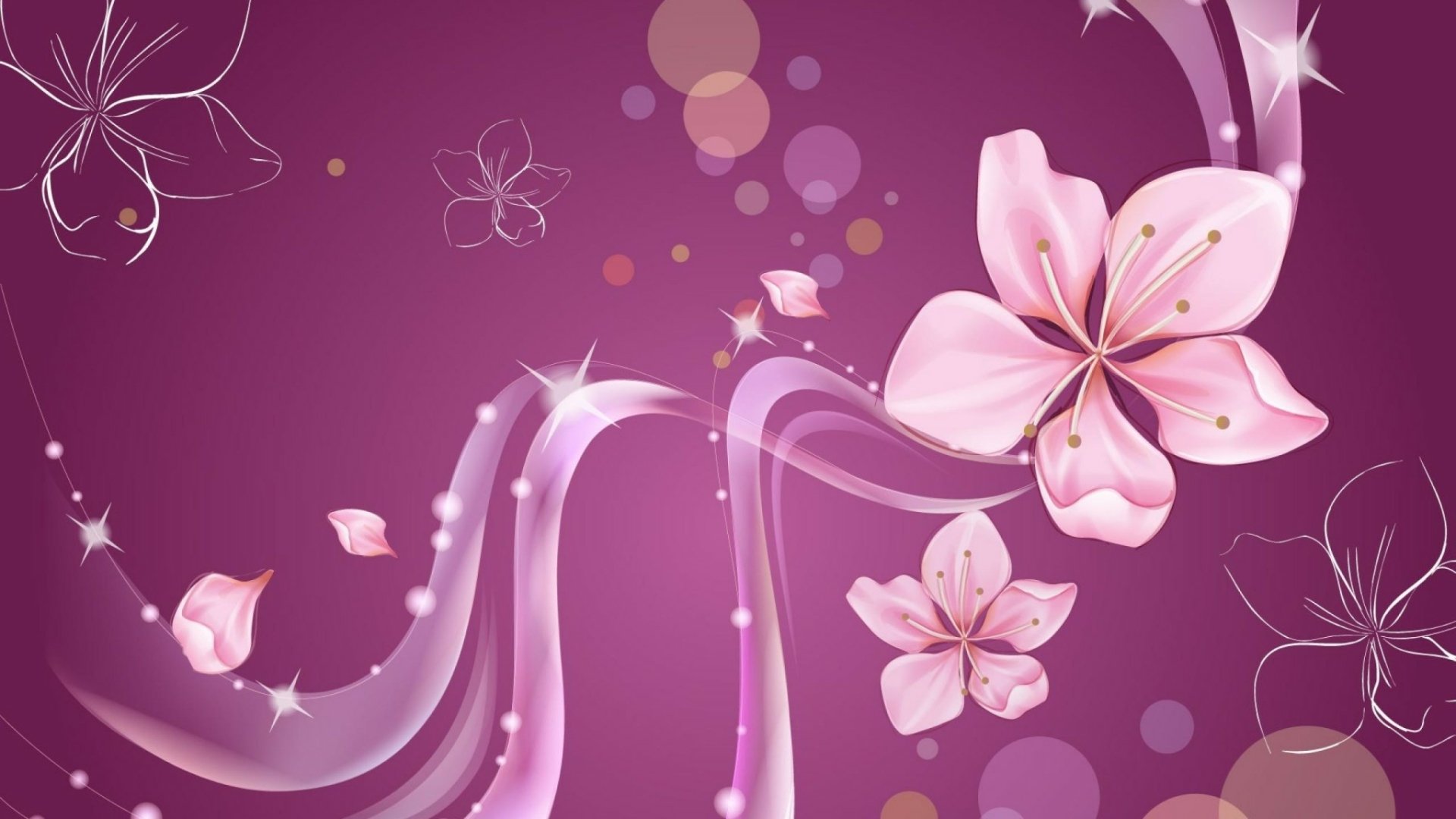 HD desktop wallpaper featuring an artistic floral design with pink flowers and flowing abstract lines on a purple background.