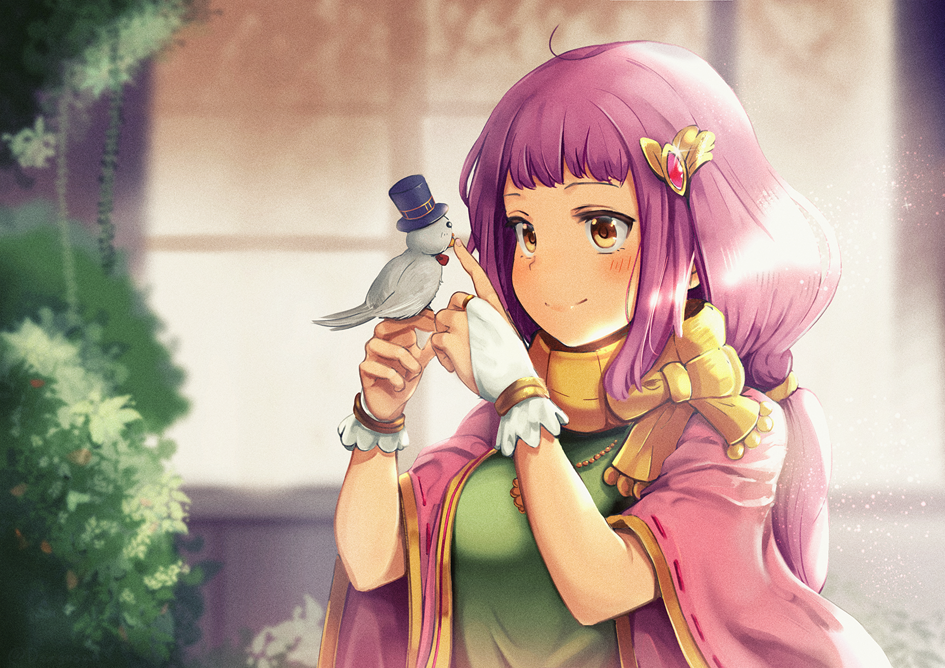 HD PC desktop wallpaper featuring a vibrant anime-style character with pink hair and a butterfly hairpin, from the video game Seiken Manifestia, holding a small white bird.