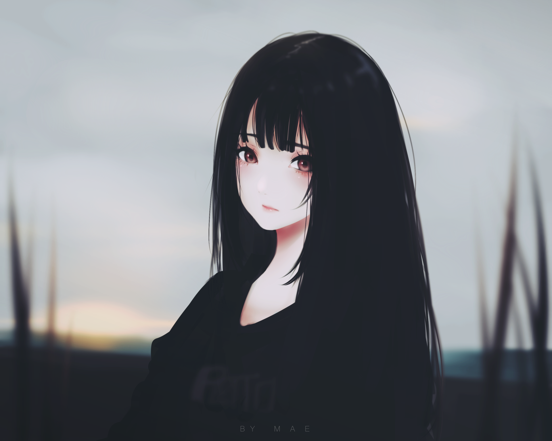 HD desktop wallpaper featuring an original anime character with long black hair and expressive eyes, set against a serene, blurred background.