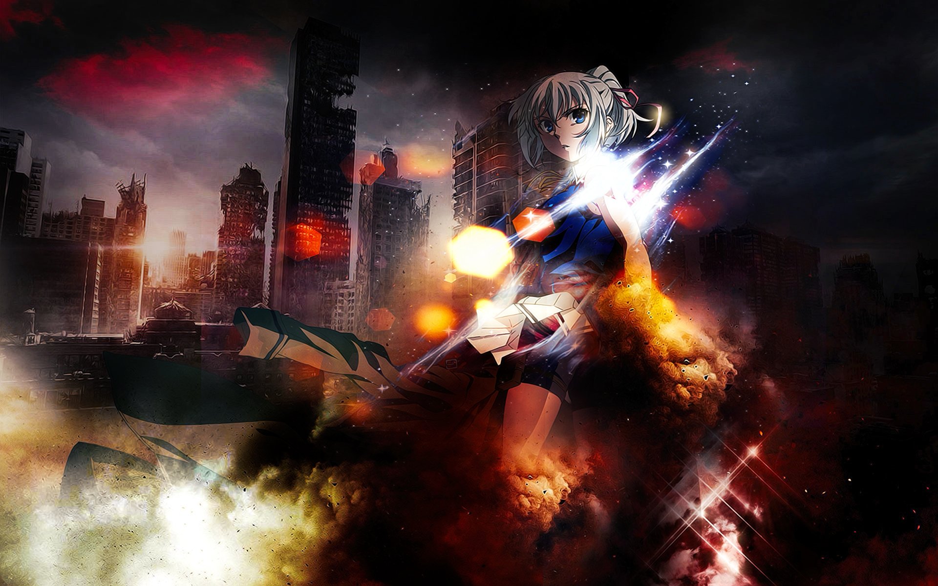 HD anime desktop wallpaper featuring a dynamic scene from Taboo Tattoo with Bluesy Fluesy in a dramatic, fiery urban battlefield setting.