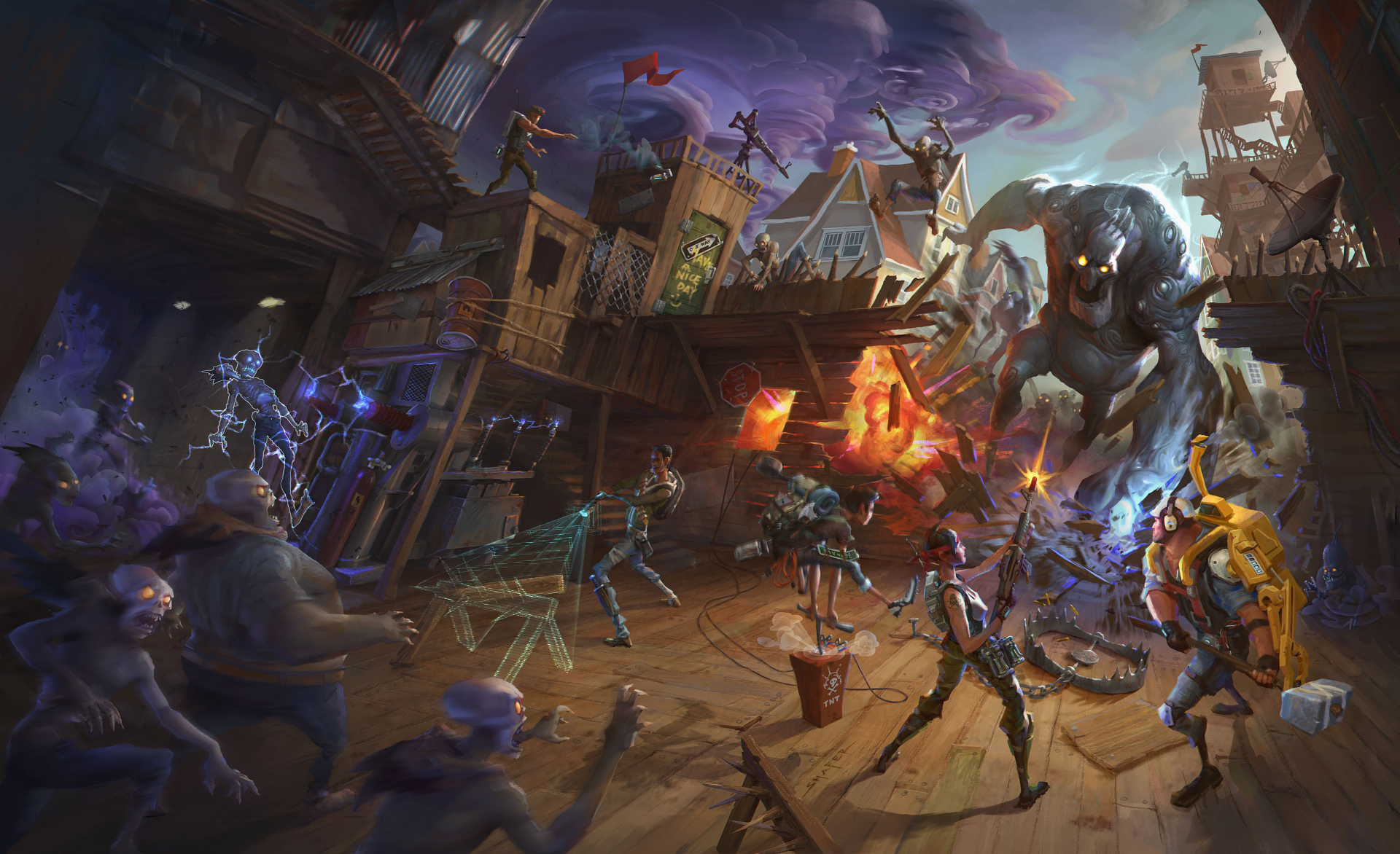 HD desktop wallpaper and background of a thrilling Fortnite battle scene with characters and monsters in action.