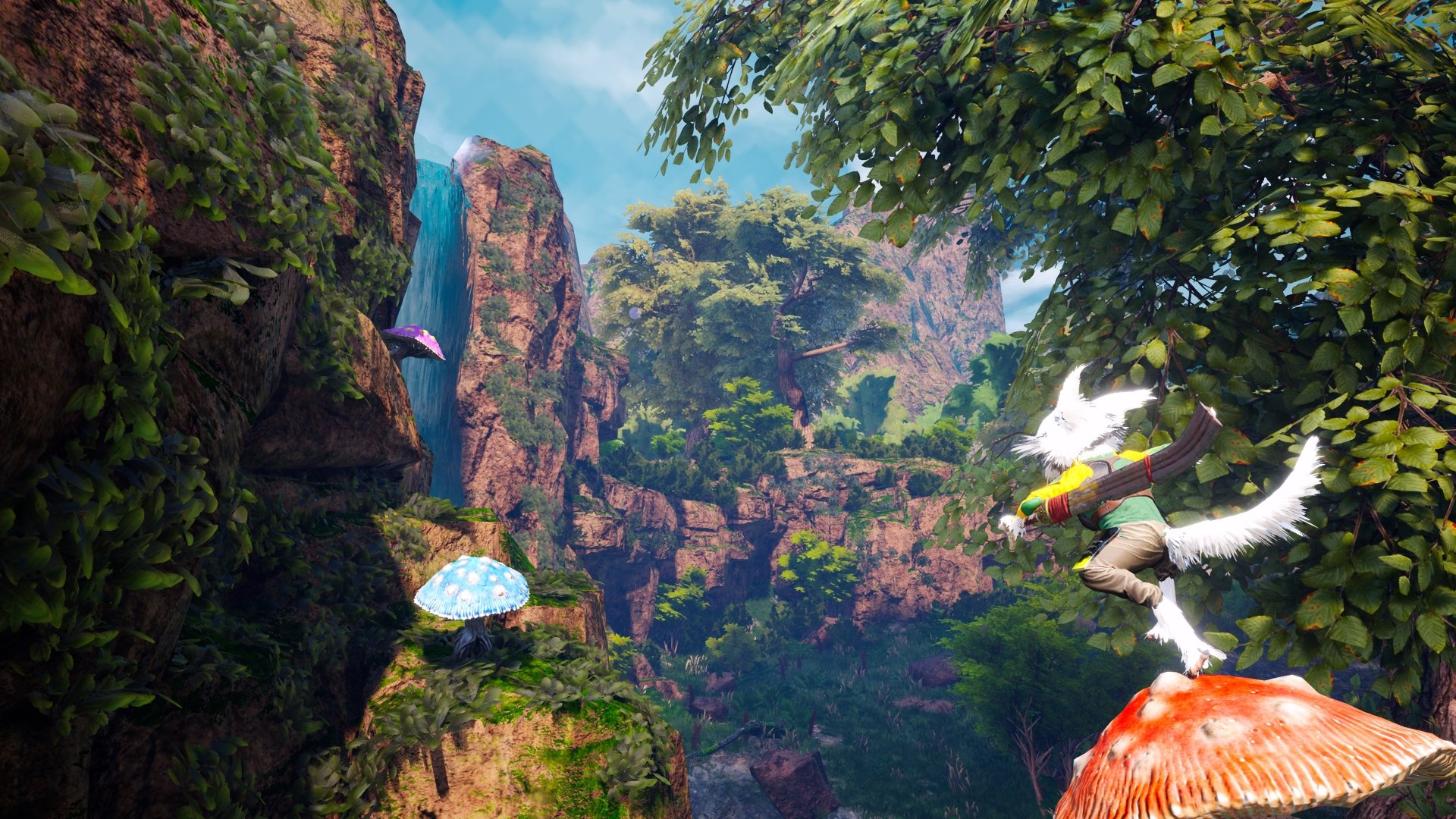 Biomutant video game 4K Ultra HD PC desktop wallpaper: vibrant canyon with oversized mushrooms, dense foliage and a winged creature soaring above a lush valley.