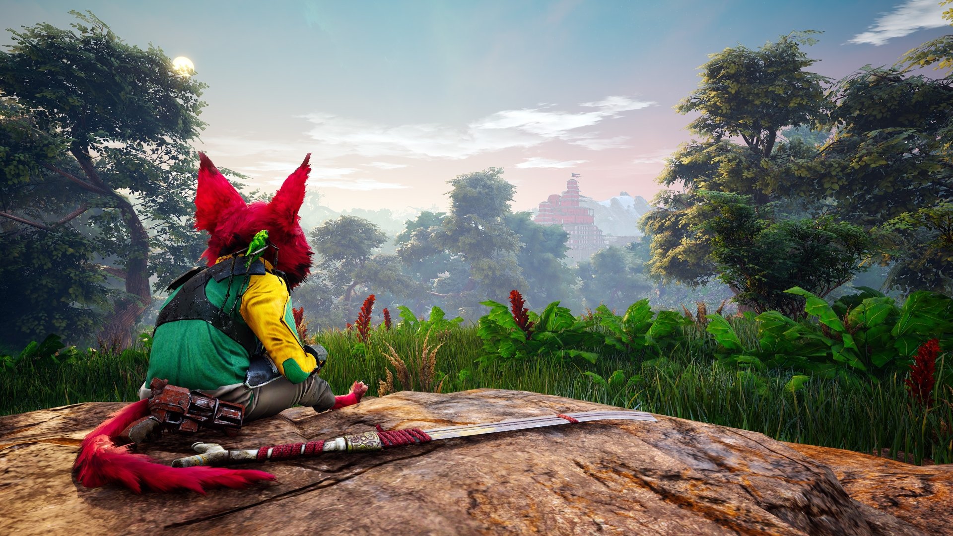 A vibrant 4K Ultra HD PC desktop wallpaper from the video game Biomutant, showing a colorful character overlooking a lush, detailed forest landscape.