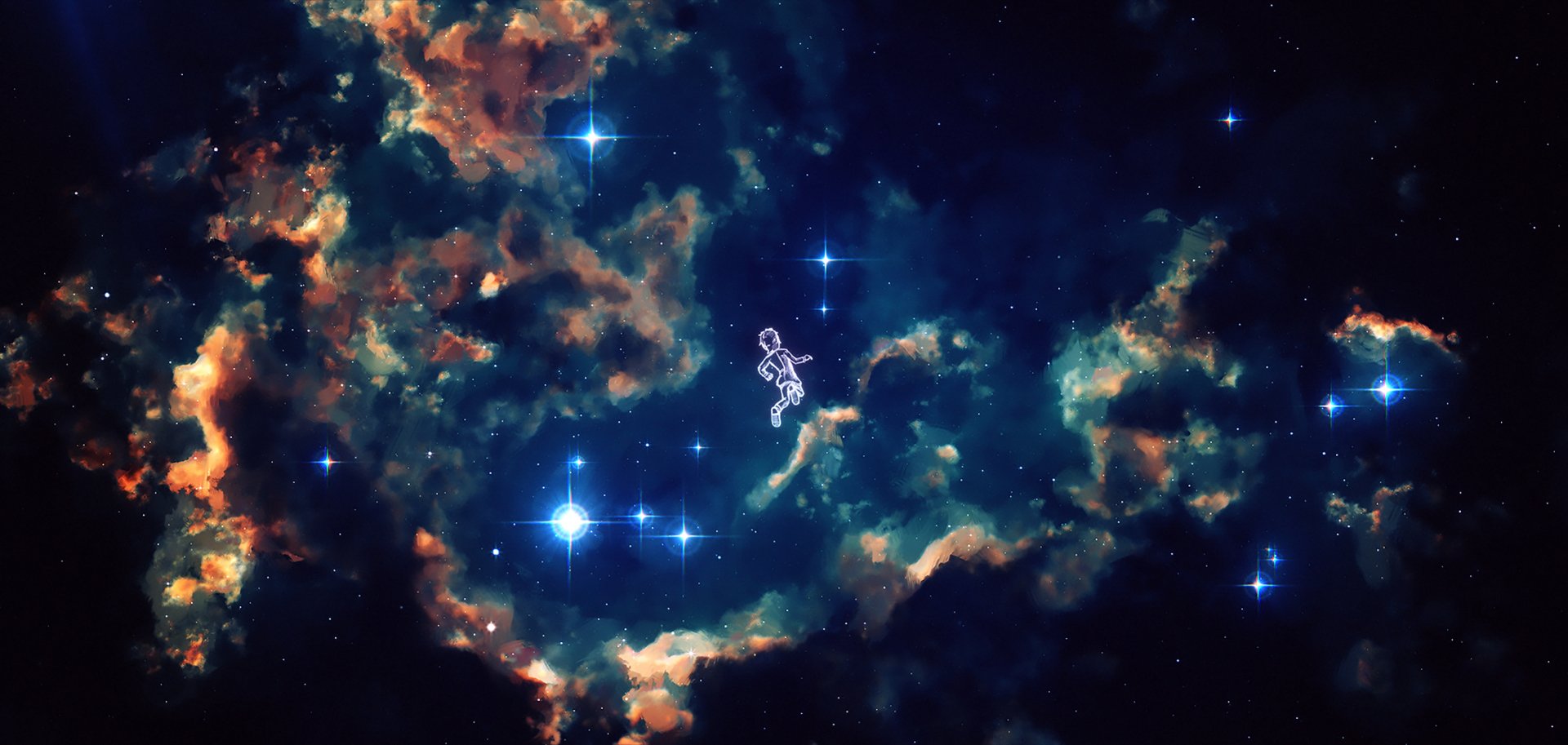 Original anime HD PC desktop wallpaper showing a lone anime-style astronaut drifting through glowing blue stars and orange-green nebula clouds against a deep space backdrop.
