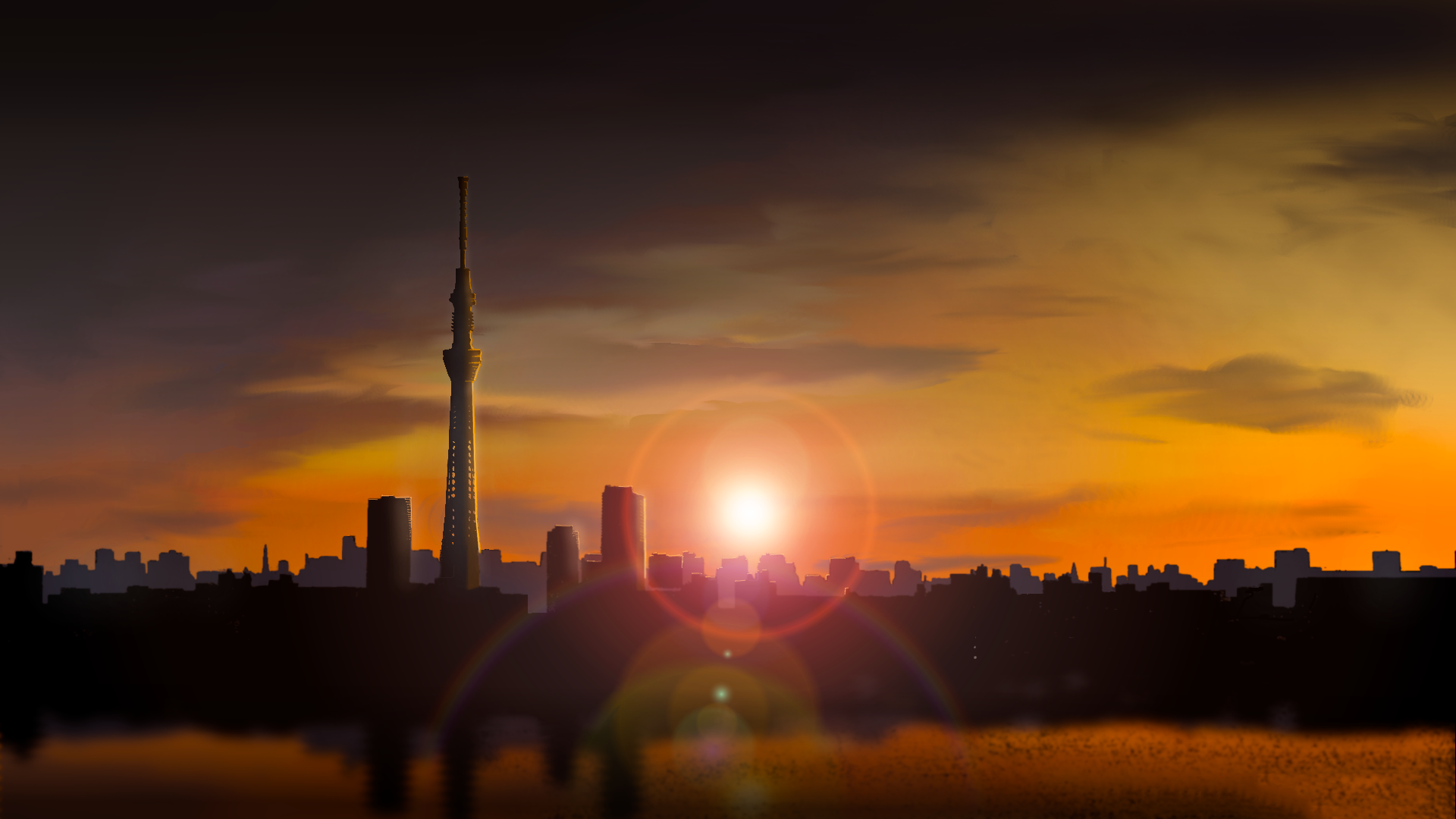 HD anime wallpaper depicting a city skyline at sunset with a prominent tower. The warm tones and serene atmosphere create a picturesque background.