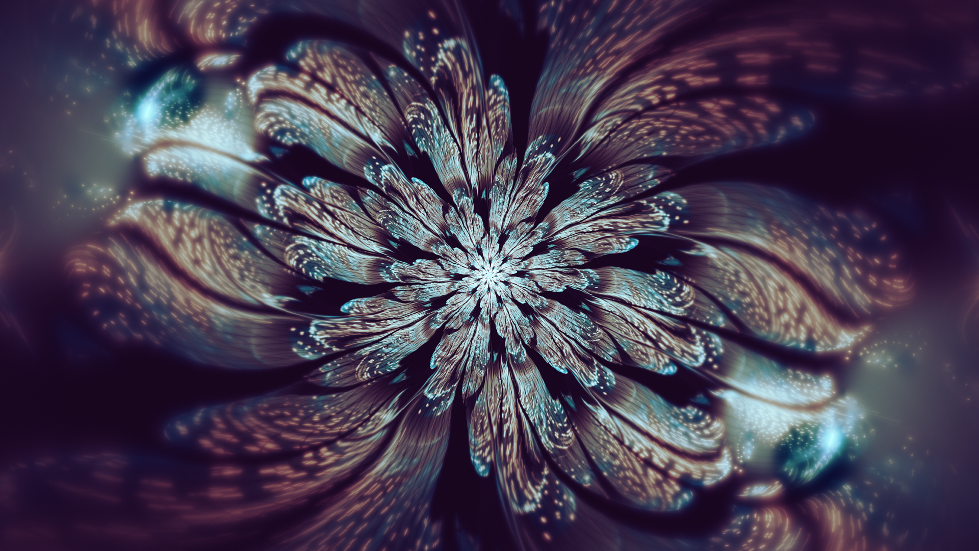 Abstract fractal flower with intricate, layered petals in dark, moody tones, rendered in high definition as a visually striking PC desktop wallpaper and background.