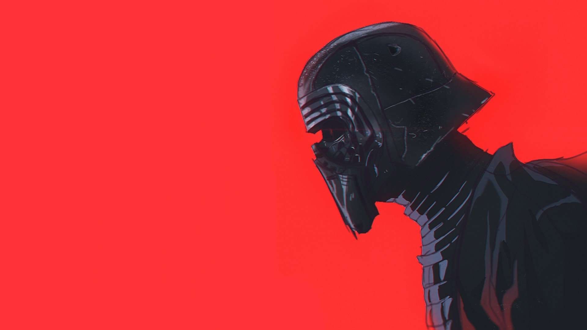 Profile of Kylo Ren in dark armor against a vivid red background — sci‑fi Star Wars HD PC desktop wallpaper.