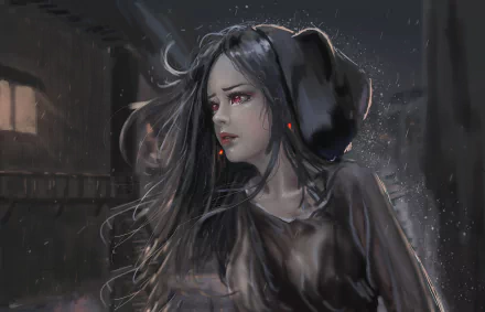 HD anime original artwork of a mysterious girl with flowing dark hair and glowing red eyes, set against a dimly lit, rainy urban backdrop.