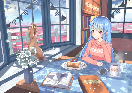 HD anime original artwork featuring a blue-haired girl seated at a table with dessert and a cat looking out large windows in a bright, cozy cafe setting.