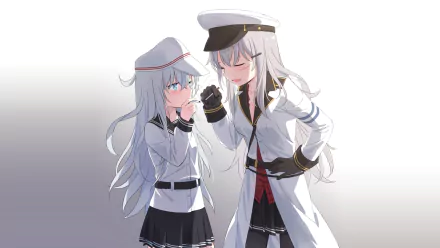 Anime-style HD desktop wallpaper featuring Gangut and Hibiki from Kantai Collection, showcasing two characters in naval-inspired outfits against a simple gradient background.