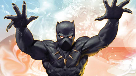 HD PC desktop wallpaper of Marvel Comics' Black Panther in dynamic pose against a smoky, vibrant background.