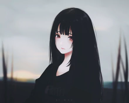 HD desktop wallpaper featuring an original anime character with long black hair and expressive eyes, set against a serene, blurred background.